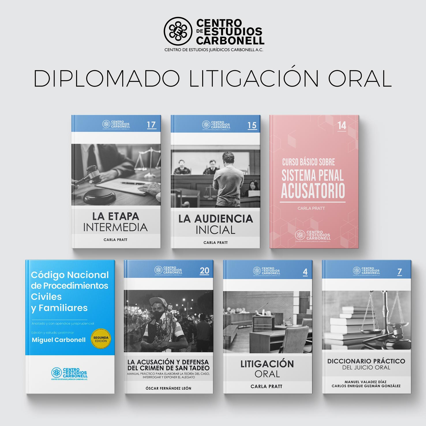 Portada de libros sobre litigación oral del Centro de Estudios Carbonell, con títulos como 'La audiencia inicial' y 'Código Nacional de Procedimientos Civiles y Familiares'.