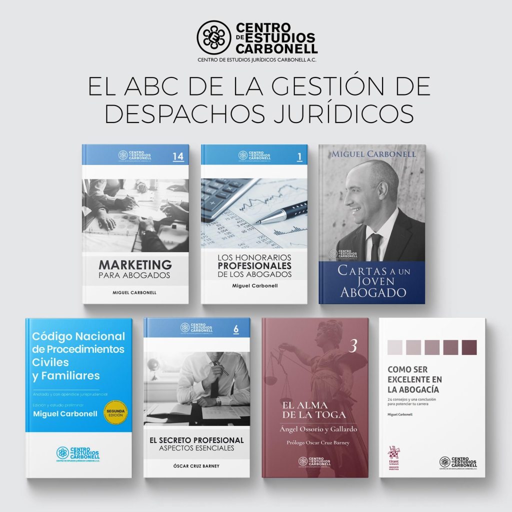 Una colección de libros relacionados con el marketing y la gestión de despachos jurídicos, presentados en varias posiciones, con títulos visibles que incluyen 'Marketing para Abogados' y 'Los Honorarios Profesionales de los Abogados'.
