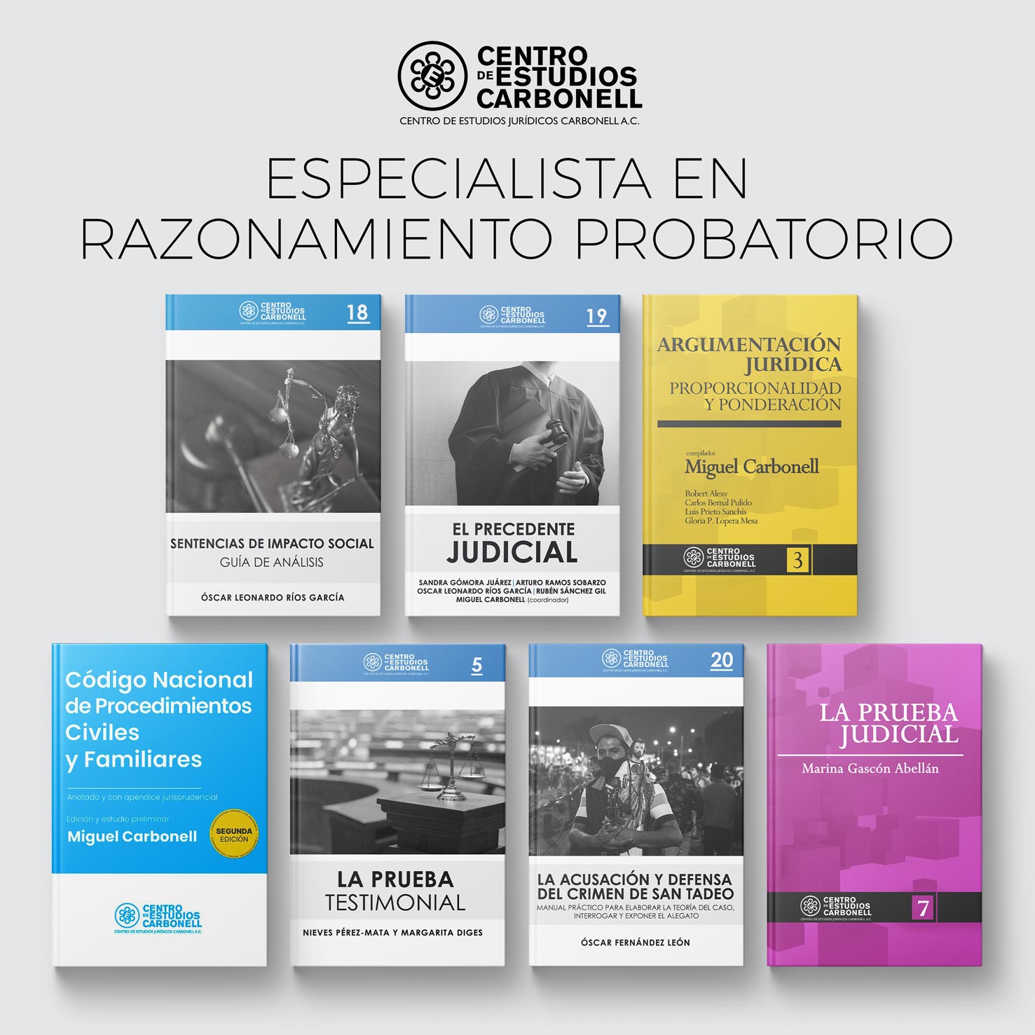 Una colección de libros sobre derecho y argumentación jurídica, incluyendo títulos como 'Código Nacional de Procedimientos Civiles y Familiares' y 'La Prueba Judicial', presentados en un diseño organizado y profesional.
