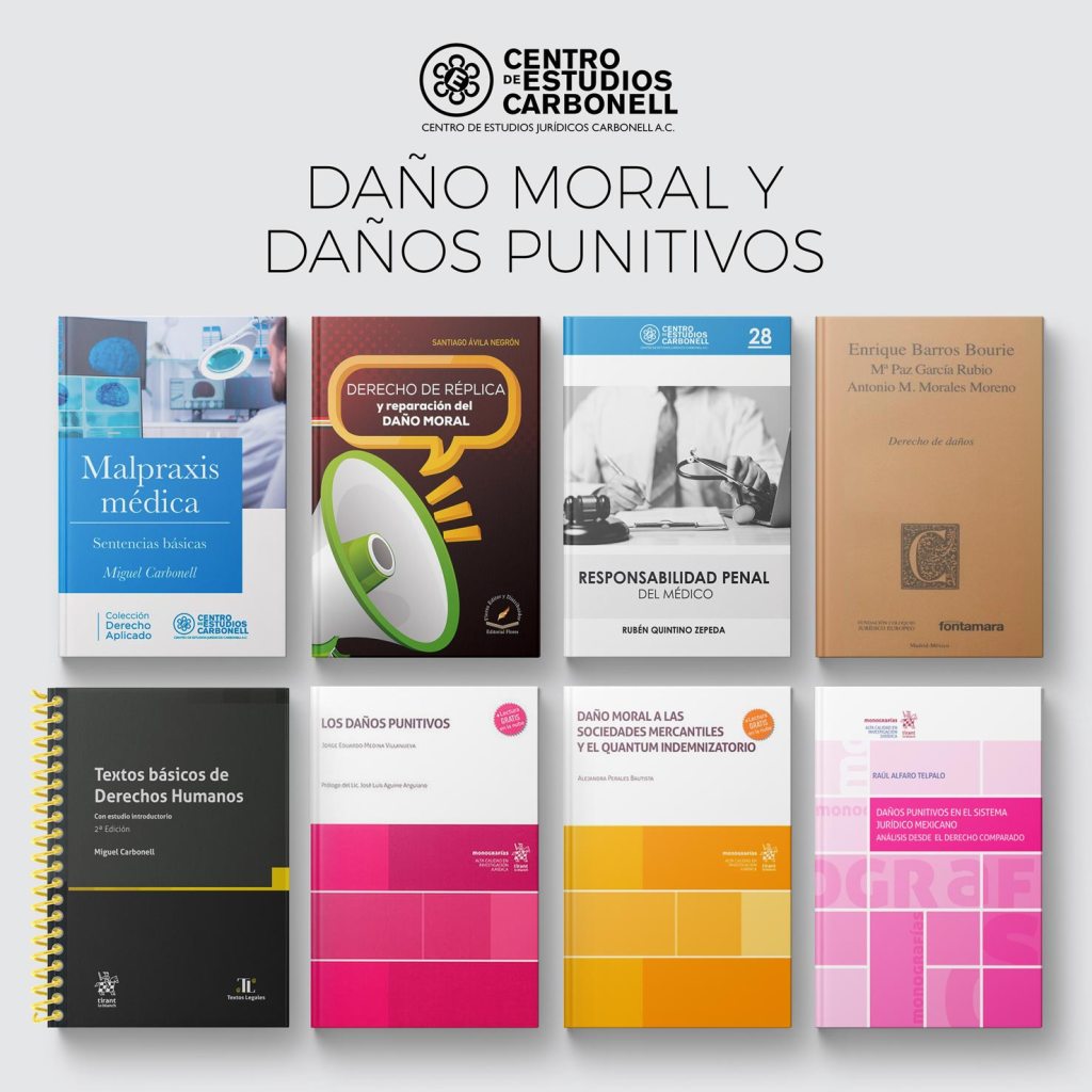 Una colección de libros relacionados con daño moral y daños punitivos, incluyendo títulos sobre malpraxis médica, derecho de réplica y responsabilidad penal del médico.