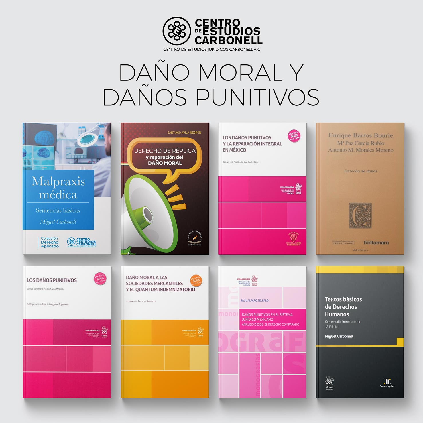 Imagen de varios libros relacionados con el Derecho de Daños y Daño Moral, presentados en un diseño ordenado sobre un fondo claro, con títulos y autores visibles.