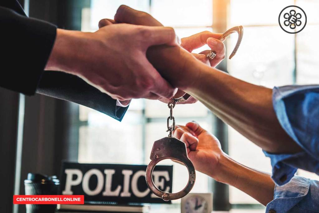 Manos de un agente de policía colocan esposas en las muñecas de un sospechoso, en un ambiente de oficinas con un letrero de 'POLICE' visible.