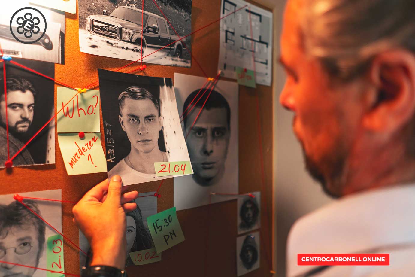 Una persona analiza un tablero con varias fotos y notas, algunas con preguntas sobre un caso criminal, mientras conecta imágenes con hilos rojos.