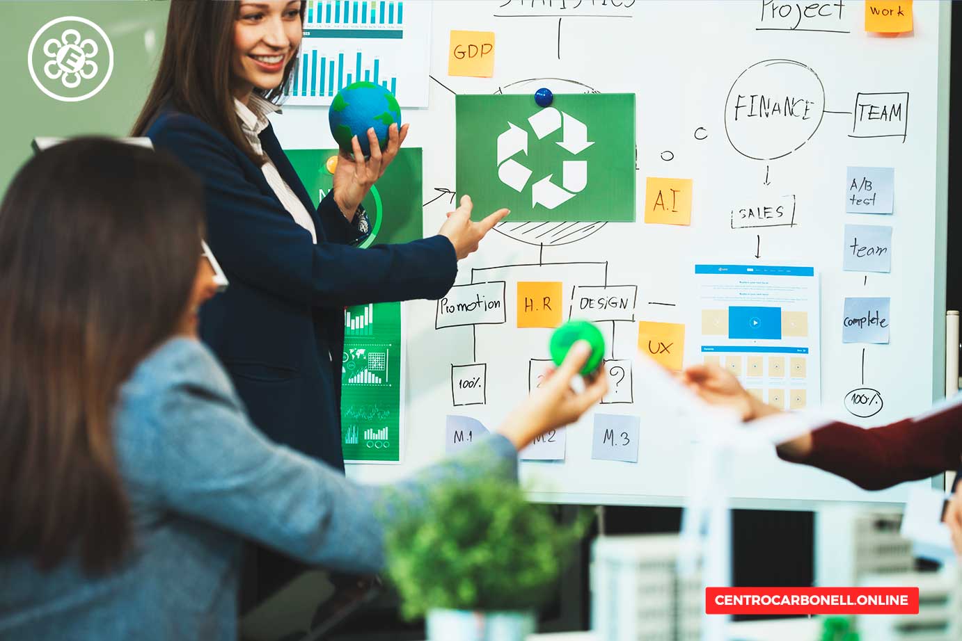 Mujer presentando un gráfico sobre sostenibilidad y reciclaje en una reunión, mientras sostiene un globo terráqueo. Otras personas escuchan y participan en la discusión.