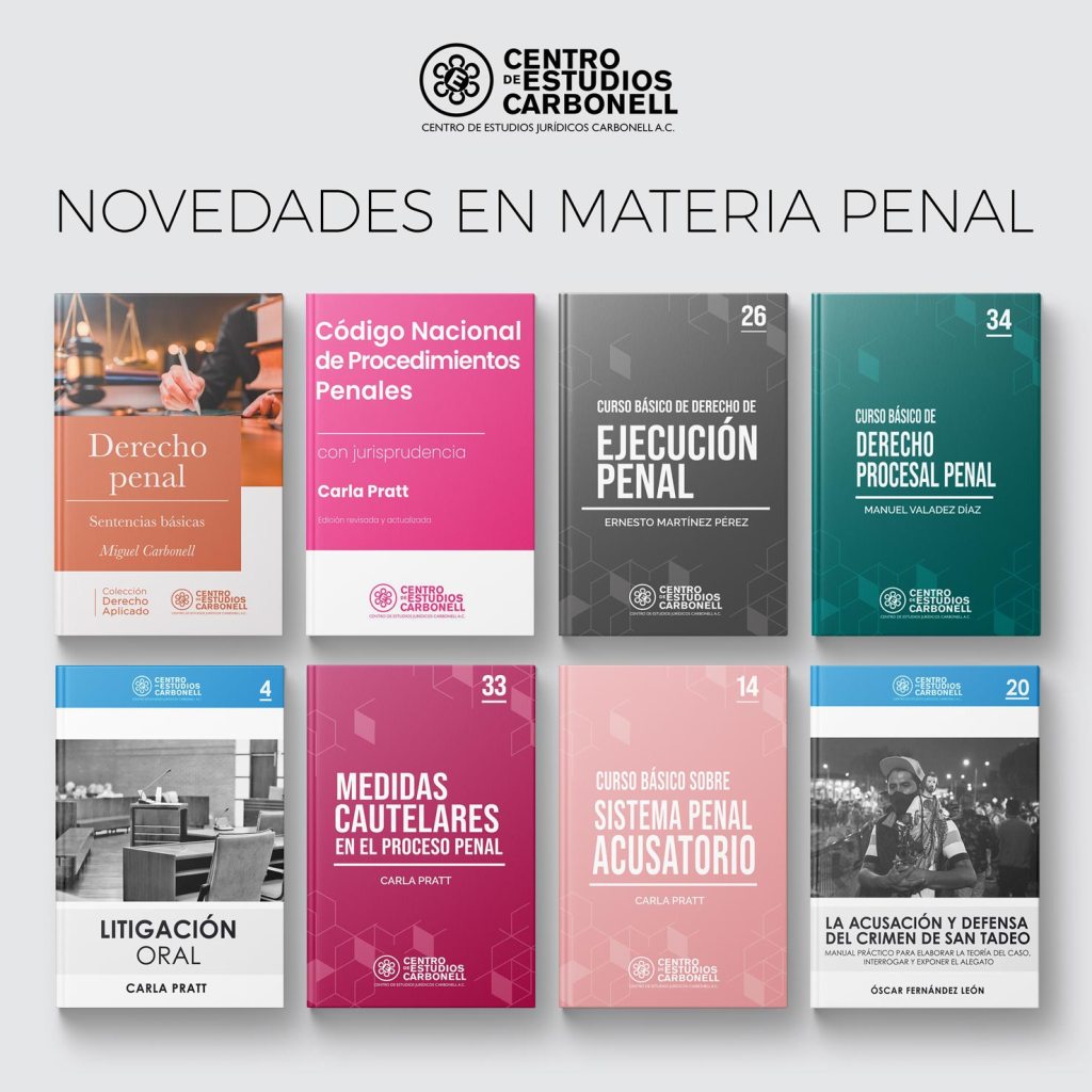Colección de libros sobre derecho penal, incluyendo títulos como 'Derecho penal', 'Código Nacional de Procedimientos Penales', y 'Litigación Oral', entre otros, presentados en un diseño moderno y organizado.