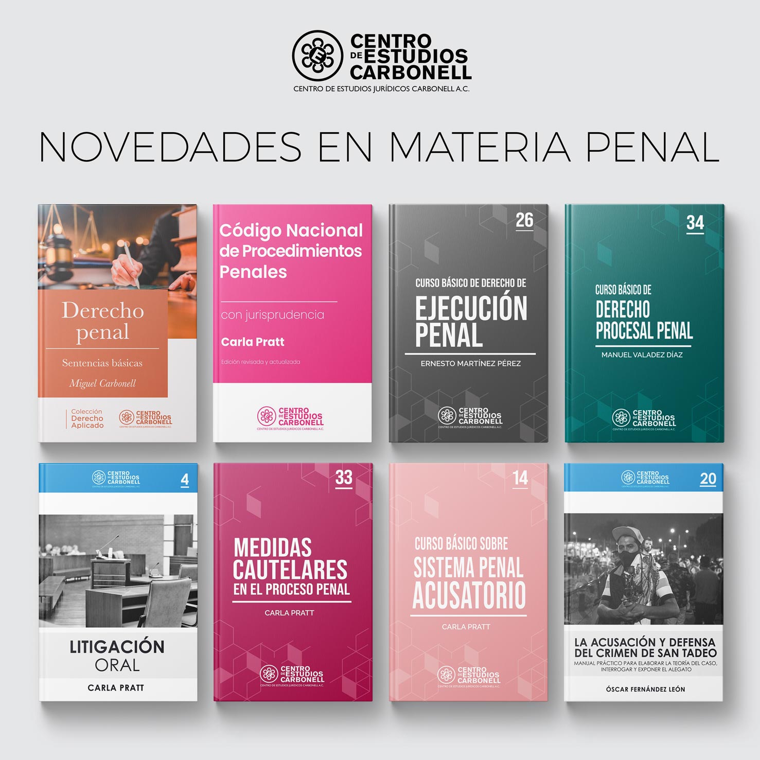 Una colección de libros sobre derecho penal, incluyendo títulos sobre sentencias básicas, Código Nacional de Procedimientos Penales, ejecución penal, derecho procesal penal, medidas cautelares, sistema penal acusatorio y defensa en el crimen de San Tadeo.
