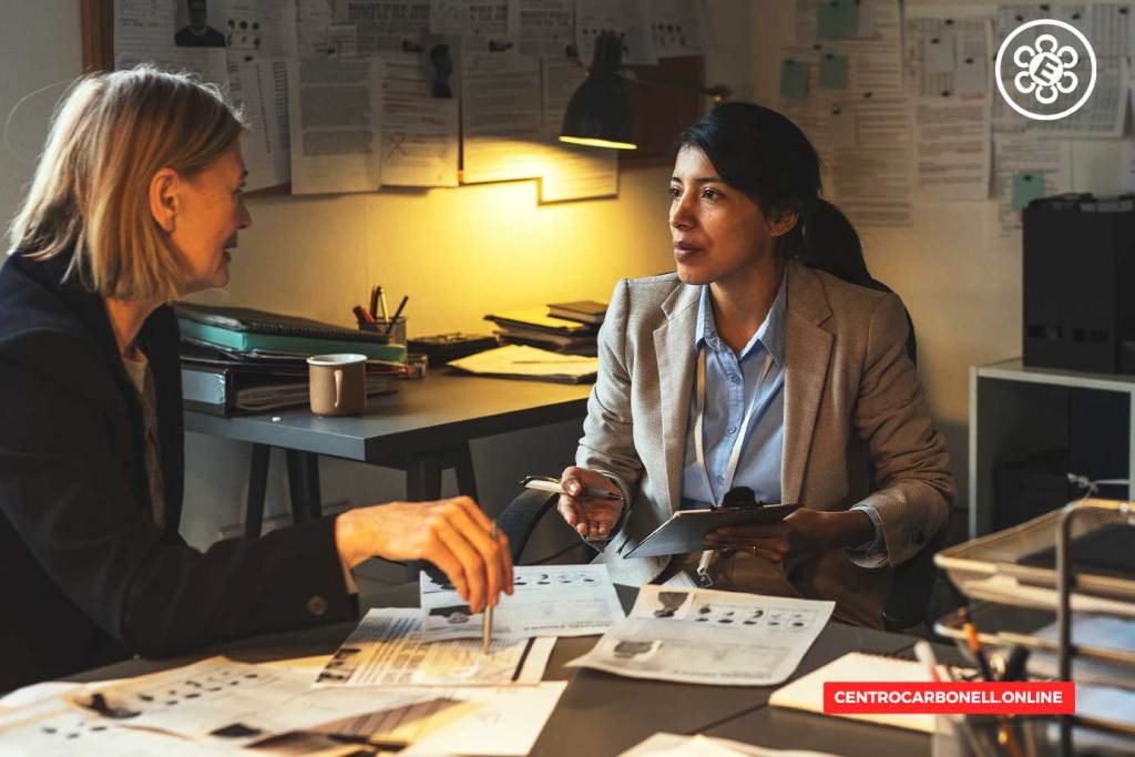 Dos mujeres sentadas en una mesa de trabajo, una de ellas sostiene una tableta y la otra le habla. Sobre la mesa hay documentos y una taza.