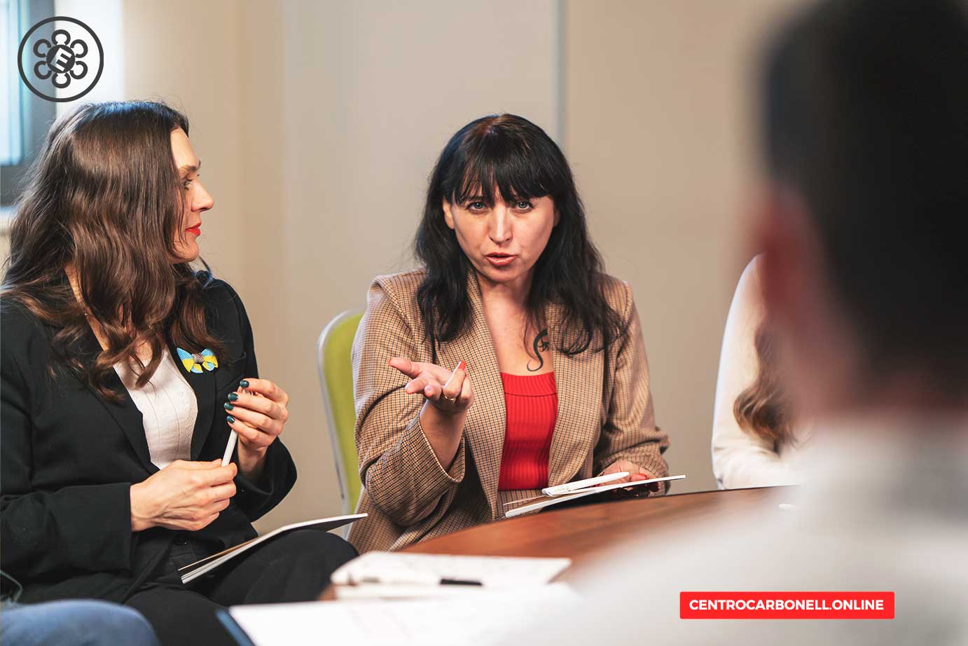 Grupo de profesionales discutiendo en una reunión, con una mujer explicando y gesticulando mientras los demás escuchan atentamente.