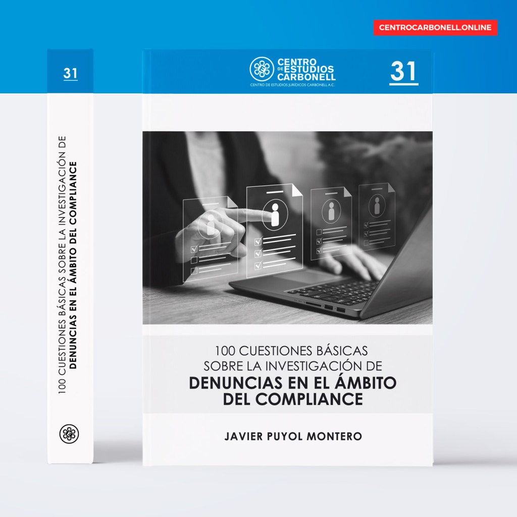 Portada del libro '100 cuestiones básicas sobre la investigación de denuncias en el ámbito del compliance', con un diseño moderno que incluye gráficos y un fondo de escritorio.