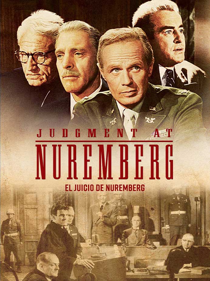 Póster de la película 'El juicio de Núremberg' que muestra a varios personajes en un ambiente de corte, con un juez y un jurado en el fondo.