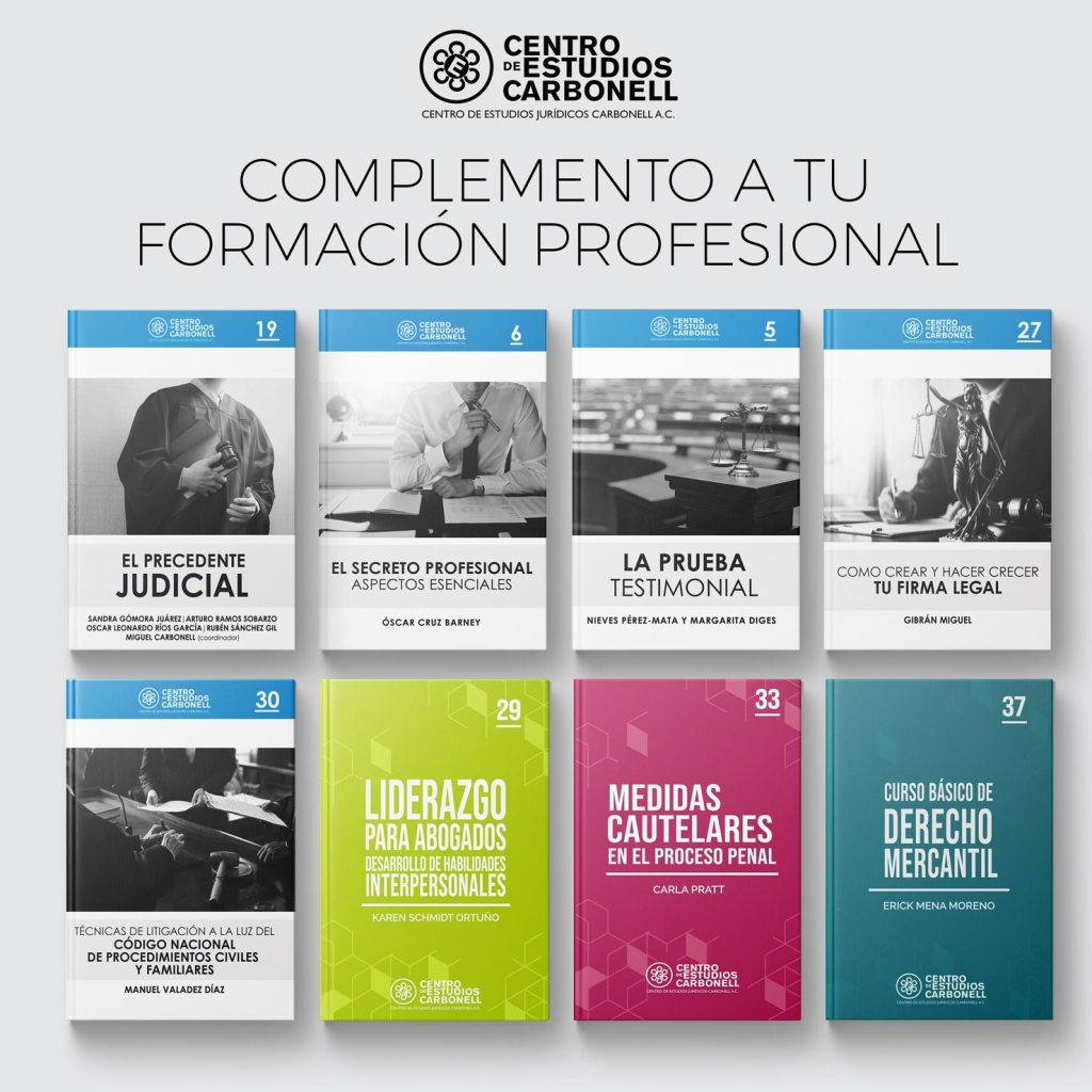 Una colección de libros sobre formación profesional en derecho, con títulos como 'El precedente judicial', 'El secreto profesional', 'La prueba testimonial', y 'Cómo crear y hacer crecer tu firma legal'.