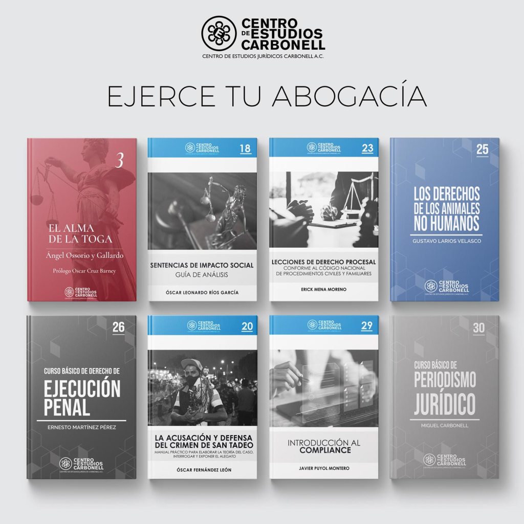 Seis libros sobre derecho y abogacía organizados en una cuadrícula, con títulos como 'El alma de la toga', 'Sentencias de impacto social', y 'Los derechos de los animales no humanos'.