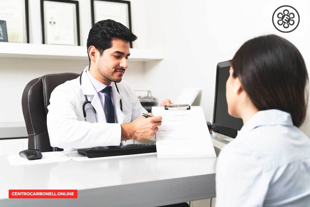 Un médico sentado en un escritorio revisando un formulario de consentimiento informado mientras habla con una paciente que lo escucha atentamente.