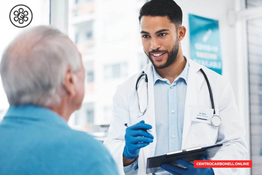 Un médico, con bata blanca y guantes azules, habla con un paciente mayor durante una consulta médica en un ambiente clínico.