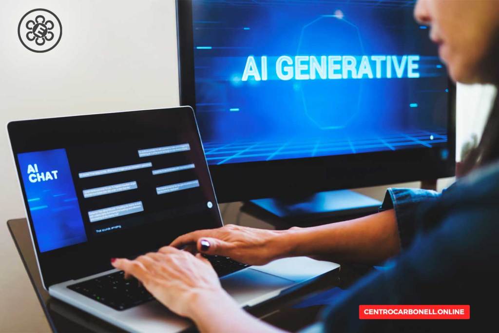 Persona interactuando con un ordenador portátil que muestra una interfaz de chat de inteligencia artificial, mientras en una pantalla de fondo se visualiza el texto 'AI GENERATIVE'.