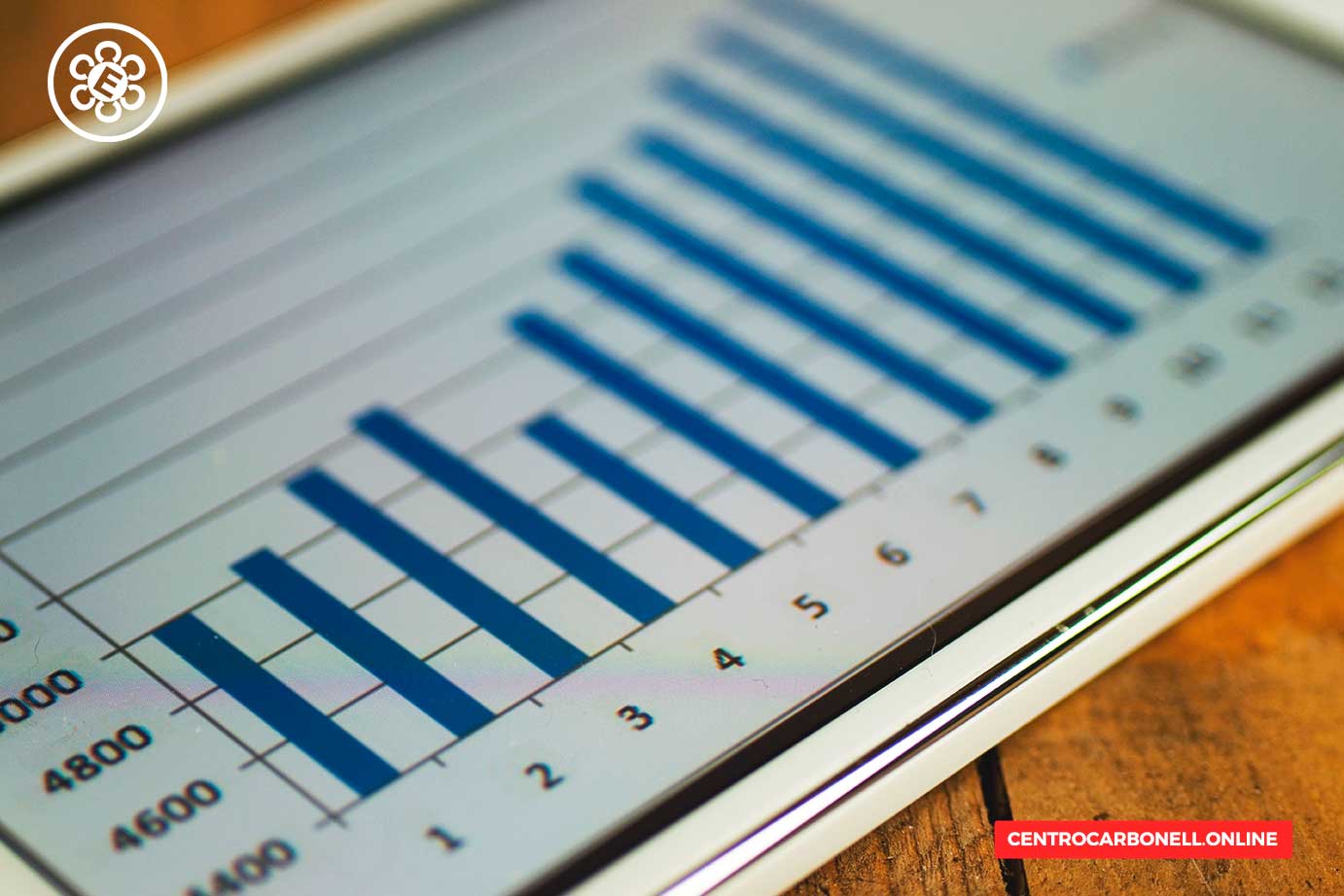 Gráfico de barras en una pantalla de tablet, mostrando datos en tonos azules sobre un fondo claro.