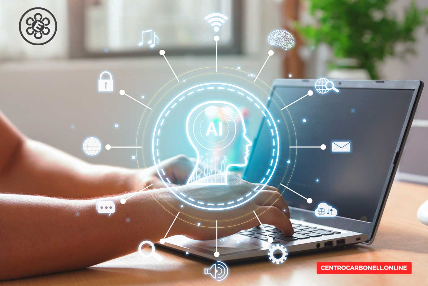 Persona utilizando una laptop con íconos relacionados a la inteligencia artificial y la tecnología alrededor.