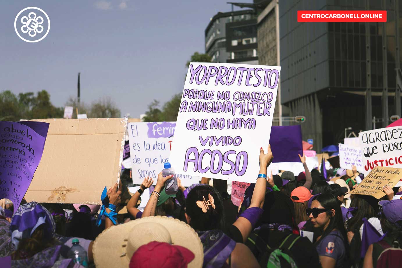 Protesta feminista con pancarta que dice 'Yo protesto porque no conozco a ninguna mujer que no haya vivido acoso'. Participantes con ropa morada en una manifestación.
